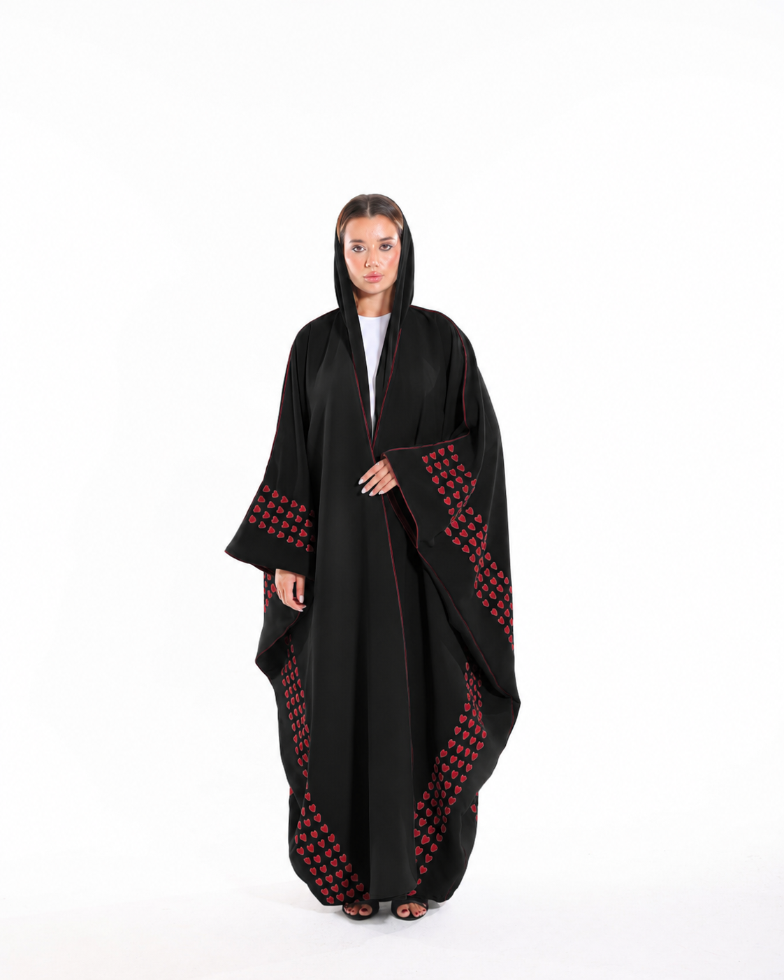 Love Notes Bisht Black Variant front view featuring embroidered hearts, black piping, and luxury front-open bisht design by Esmeabaya.