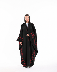 Love Notes Bisht Black Variant front view featuring embroidered hearts, black piping, and luxury front-open bisht design by Esmeabaya.