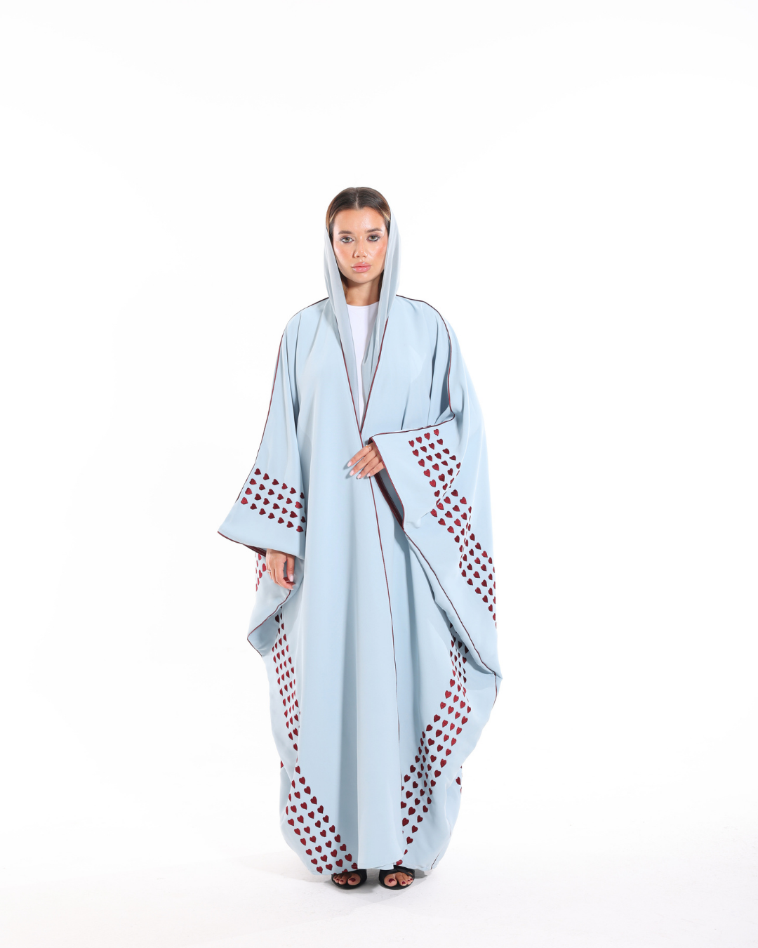 Love Notes Bisht from Esme Abaya Summer '26 collection featuring an elegant layered design with luxurious modest fashion details.