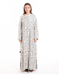 Marble Abaya front view featuring a grey and ivory marble-inspired print, concealed front closure, and elegant modest silhouette by Esmeabaya.