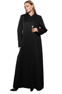 Minimalistic abaya front view featuring clean lines and elegant modest silhouette