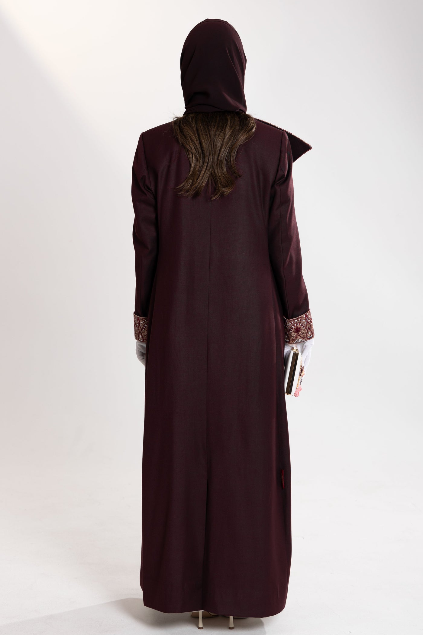 Back angle of Esme Abaya in burgundy