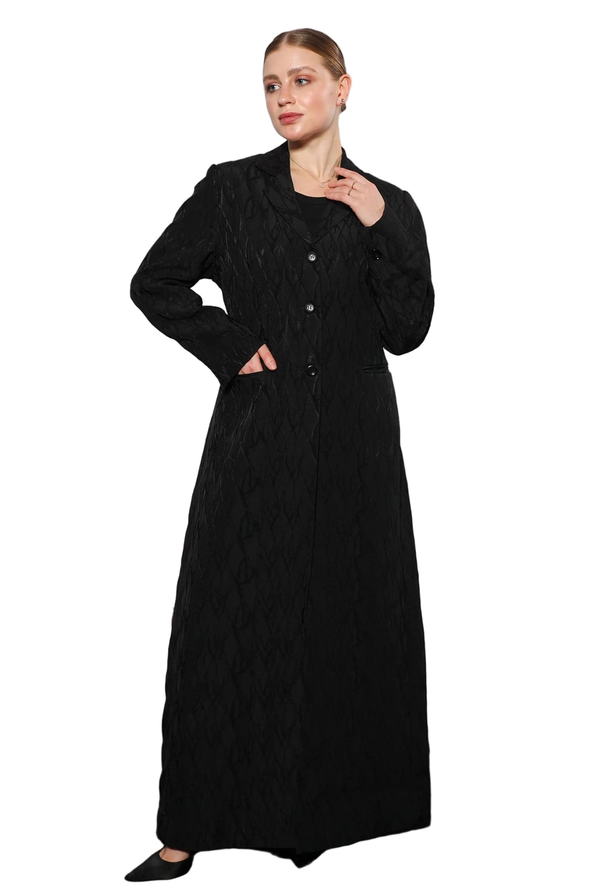 Rich Black Blazer abaya front view featuring structured blazer style and modest silhouette