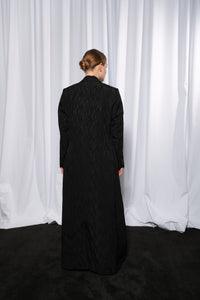 Full length front view of Rich Black Blazer abaya showcasing tailored cut and sharp lines