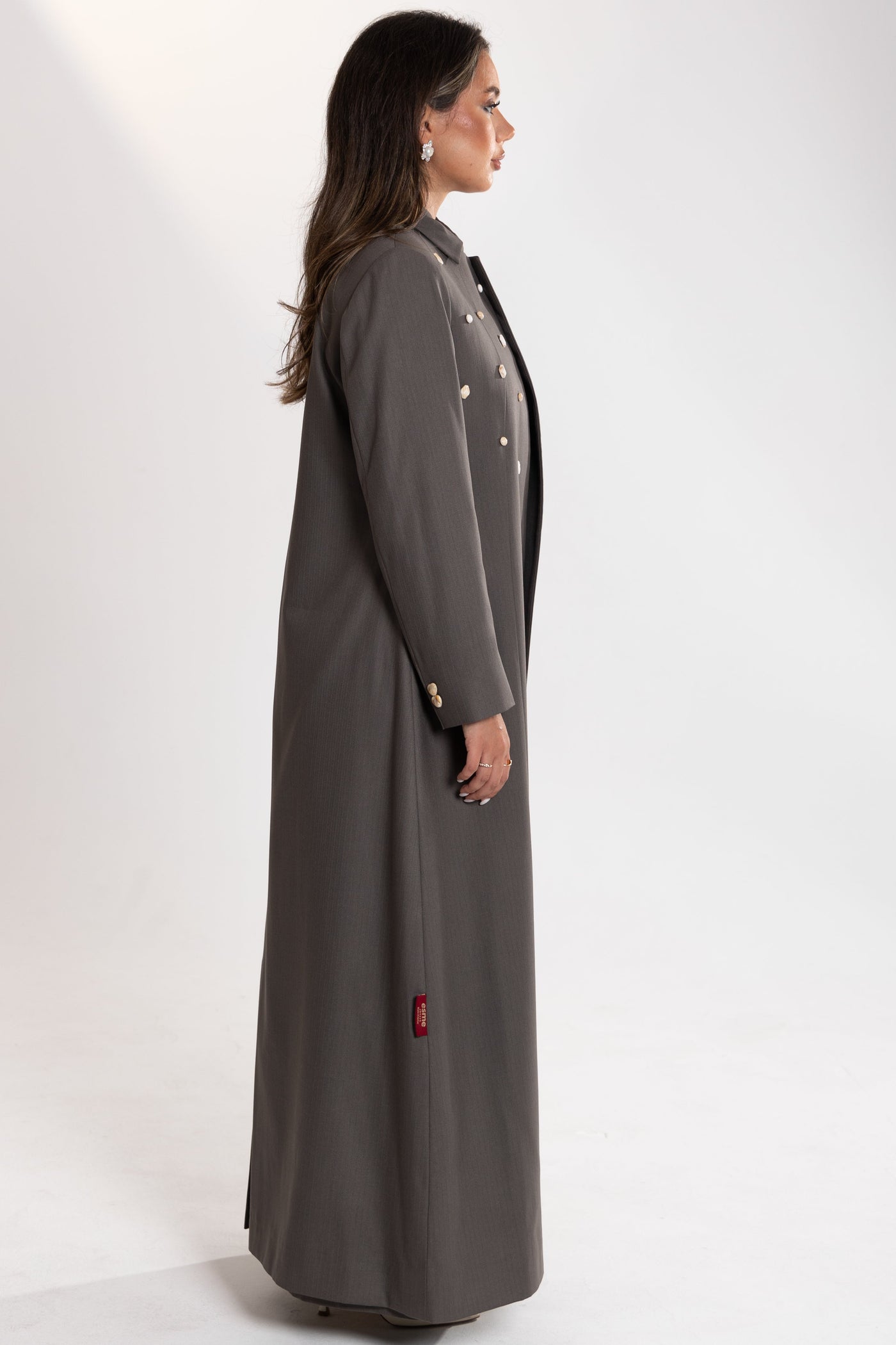 elegant side shot of esme gray blazer abaya 