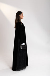 side shot showing the lace details of esme black velvet abaya 