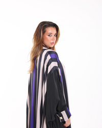 Elegant Stripe Studio Bisht by Esme Abaya showcasing premium fabric, timeless style, and elevated summer modest fashion.