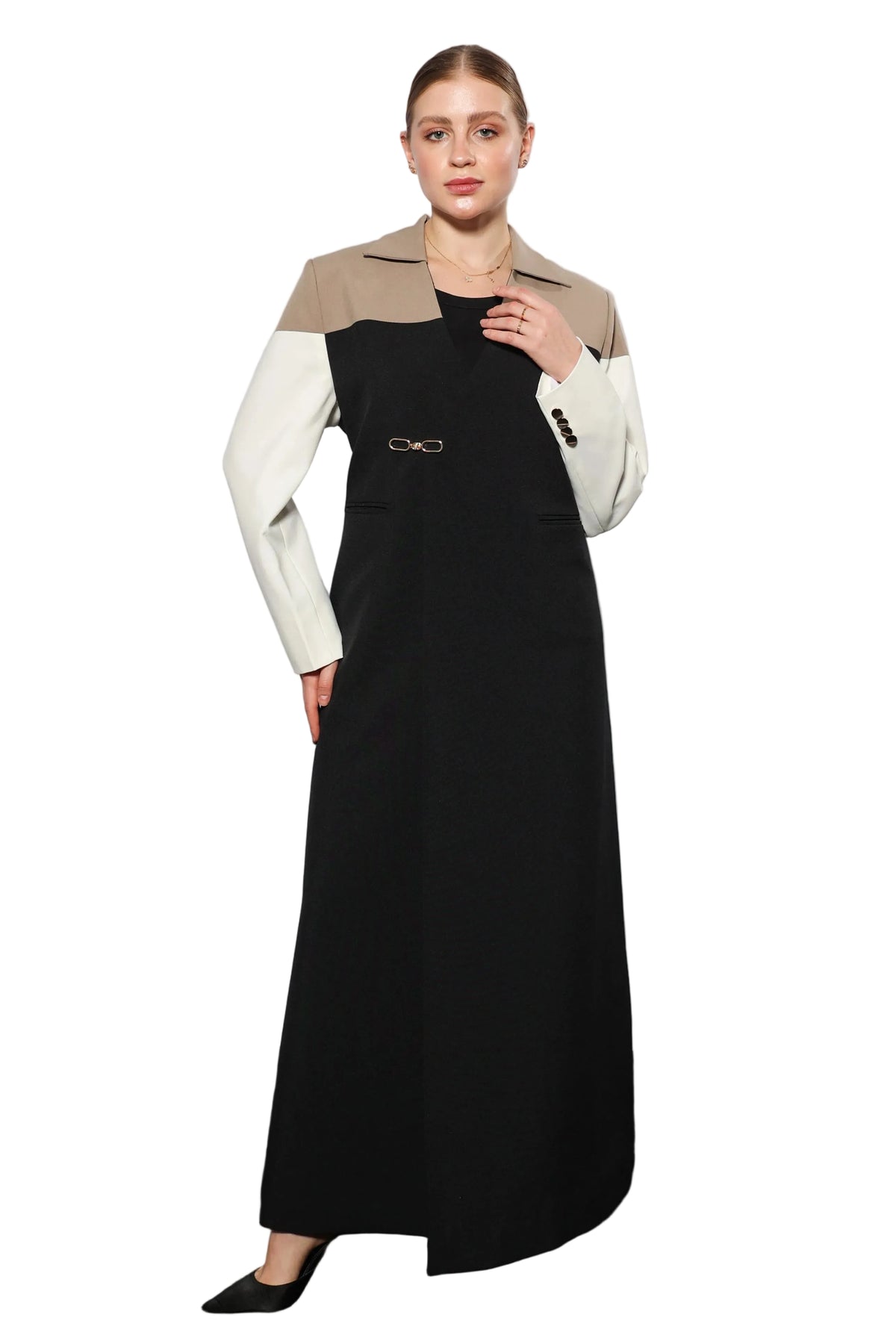 Studio Blazer abaya front view featuring structured blazer collar and modest silhouette