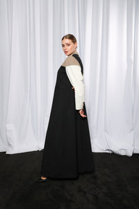 Full length front view of Studio Blazer abaya showcasing tailored cut and elegant drape
