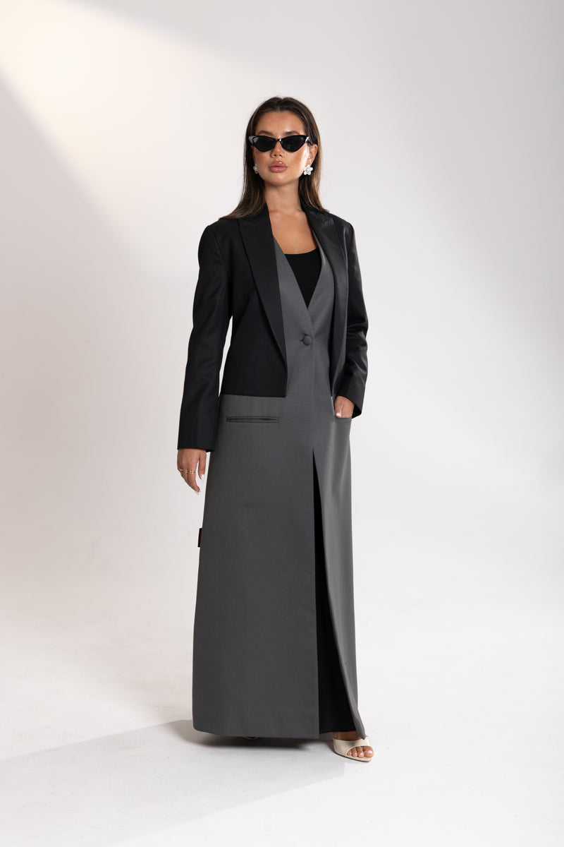 Woman wearing a black blazer esme abaya