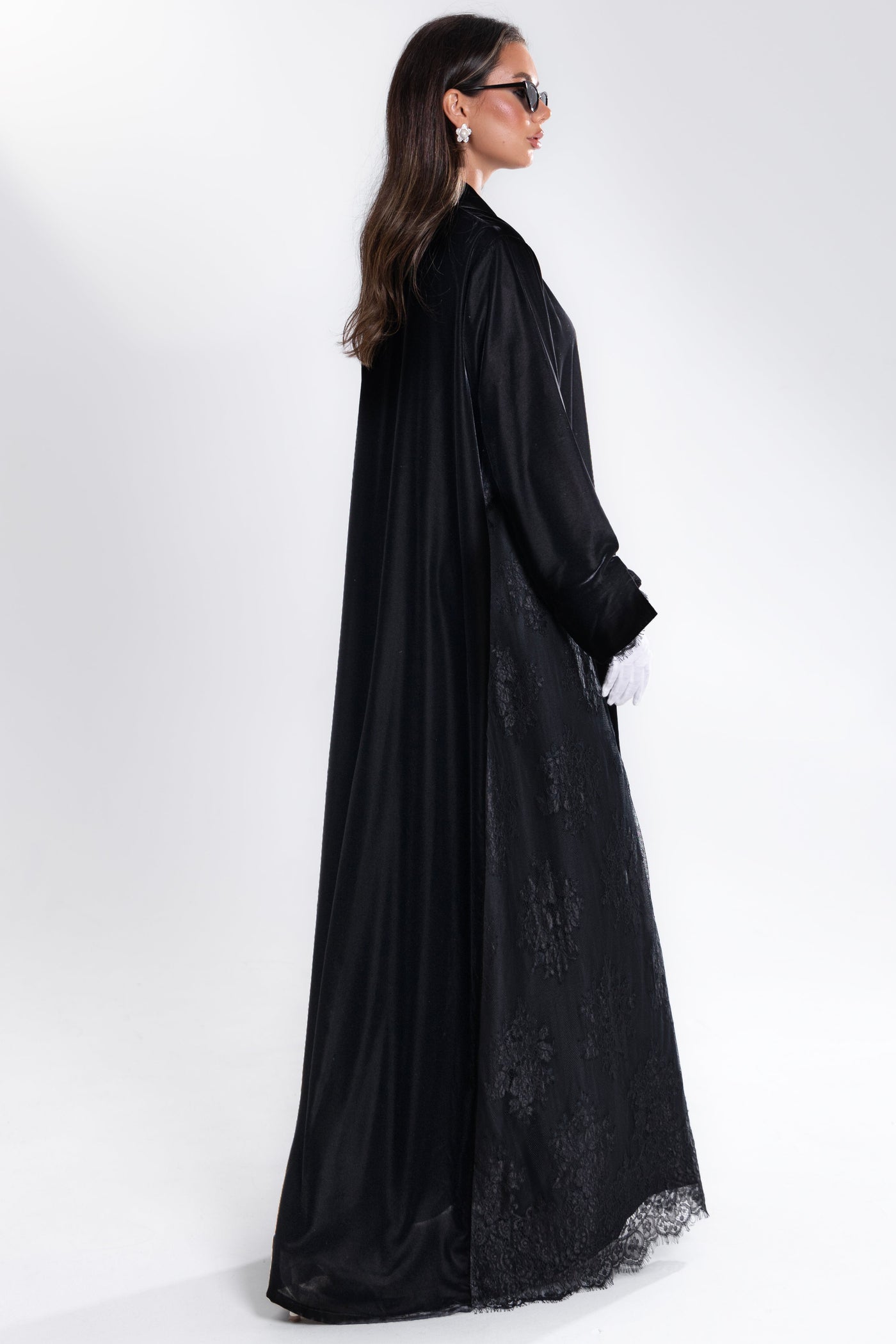 lace and Velvet abaya by Esme Abaya, luxury winter outfit side view 